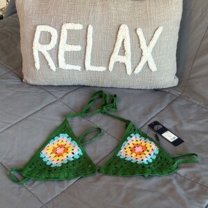Green Crochet Bikini Top with Floral Pattern Granny Square NEW S Festival Boho